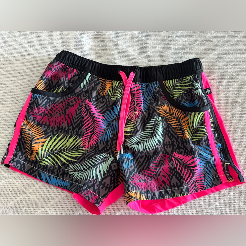 Andrew Christian Black and Pink Swim Shorts with Tropical Print Size Large